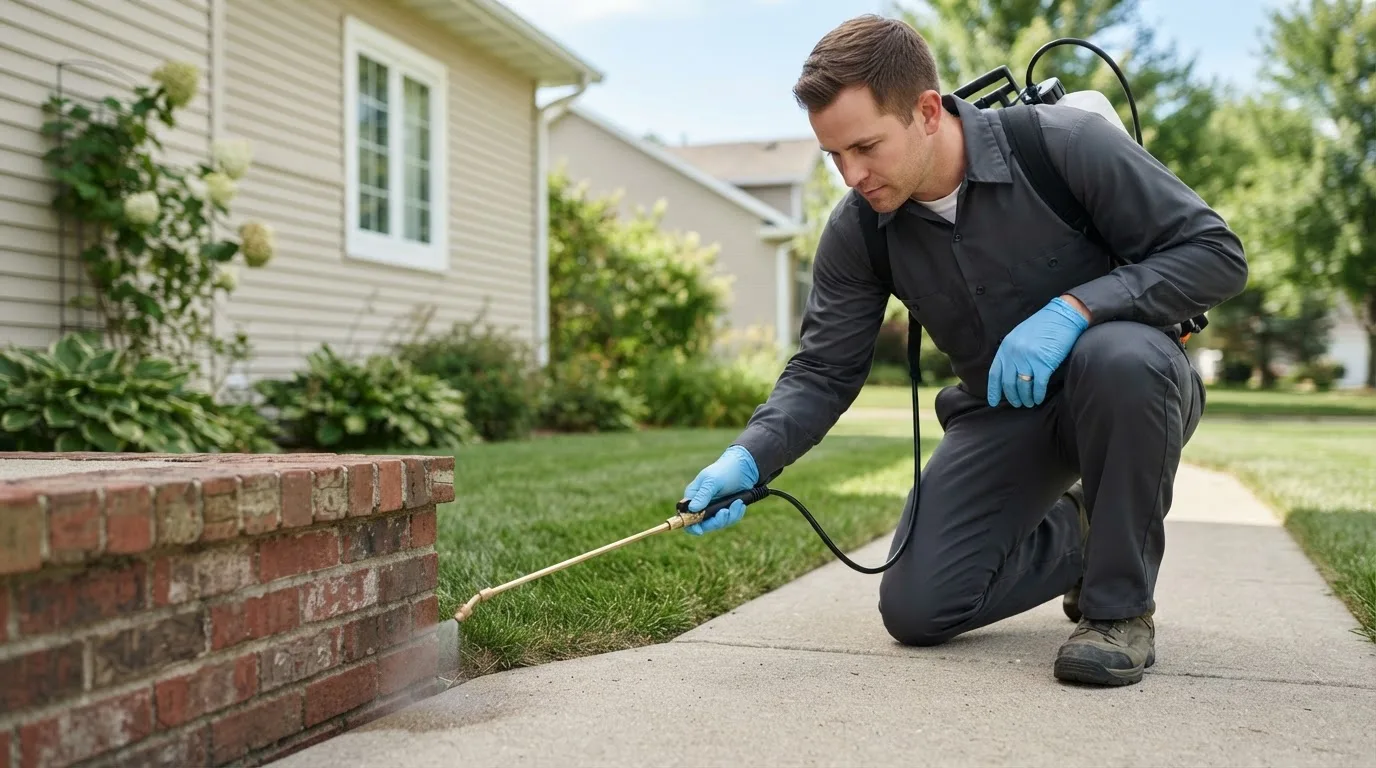 Pest control technician treating a home near Eldon, IA