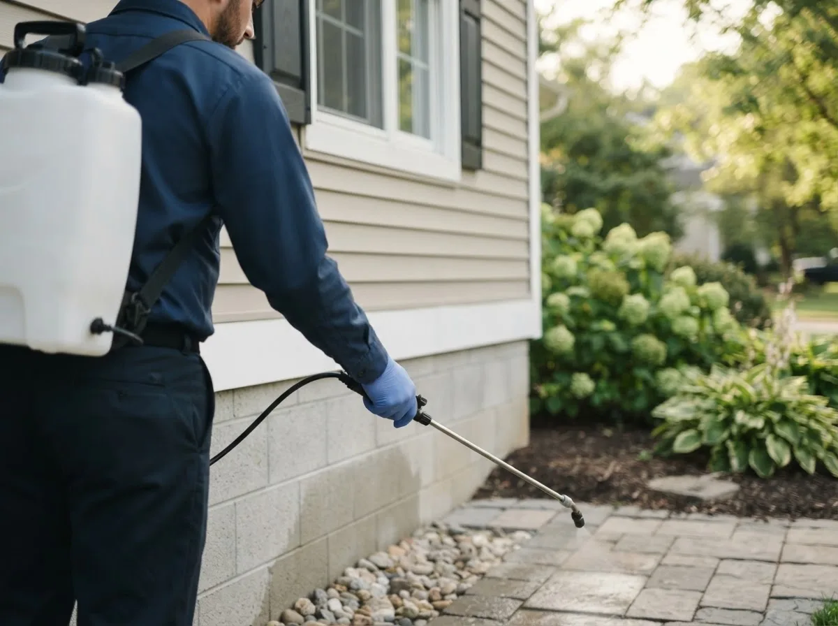 Pest control technician inspecting a home in Eldon, IA